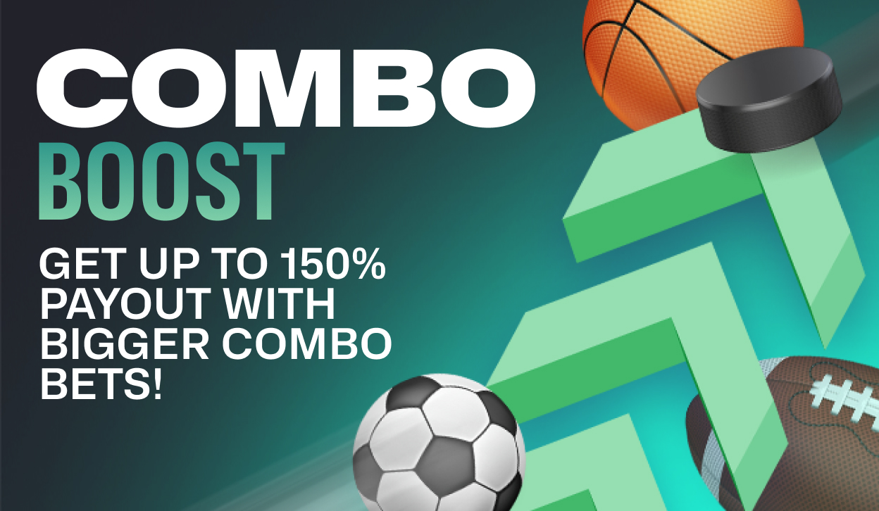 Promotional banner for the Multiplier Combo Boost at Razed Crypto Casino. Main header "Combo Boost", with subheader "Get up to 150% payout with bigger combo bets!". On the right of the texts an upward going arrow and a soccer ball, basket ball and american football.